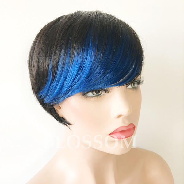 New Ombre Short Huaman Hair Wigs red highlight bangs pixie cut capless human hair wigs for black woman