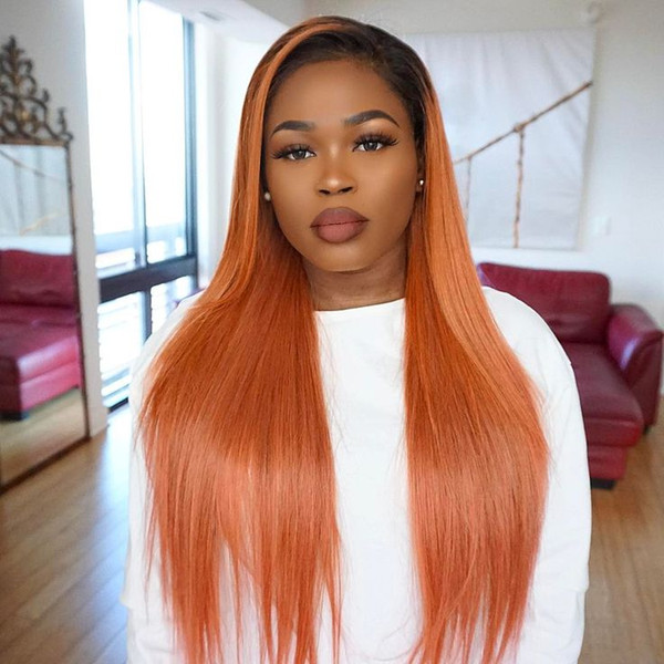 Ombre Color Orange Straight Human Hair Wigs Purple Brazilian Hair Density 180% wig Pre Plucked hairline 4* 4 Human Hair Lace Front Wigs