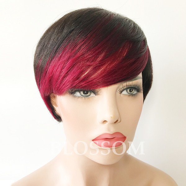 New Ombre Short Wigs for Black Women Black Rooted Side Blue Red Bangs Blue Hair Highlights African American Hair Wigs Natural Straight