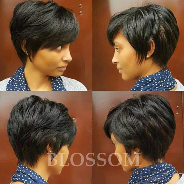 Short Full Lace Human Cut Hair Wigs With Bangs Virgin Indian Glueless Human Short Hair Lace Front Wig For Black Women