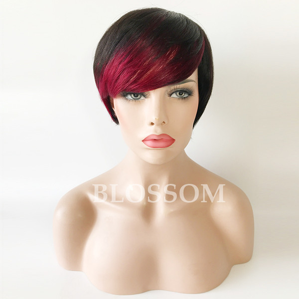 Short Natural Full Wig 100 Brazilian Human Hair Silk Straight Short Wigs for African Amercian Black Women 1b/Red Blus Purple