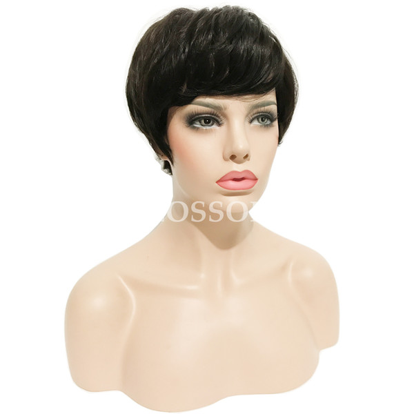 Pixie cut Indian virgin human short hair natural black full lace human hair wigs with bangs for black womem