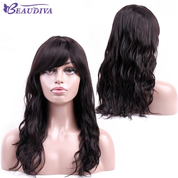 Natural Color Black Silky Straight Long Human Hair Wigs Non Lace for Women Heat Glueless Wigs with Bangs Beau Diva