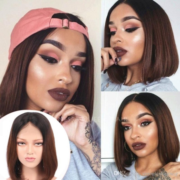 Free shipping 2 tones dark roots short bob straight synthetic lace front ombre brown wig for women heat resistant wigs wit middle part