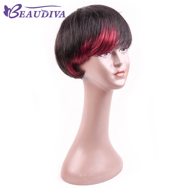 Beaudiva Dark Red Wine Burgundy human Hair Wigs Side Bang Wig Short Human Hair Brazilian short pixie human Hair Wigs Natural black wigs