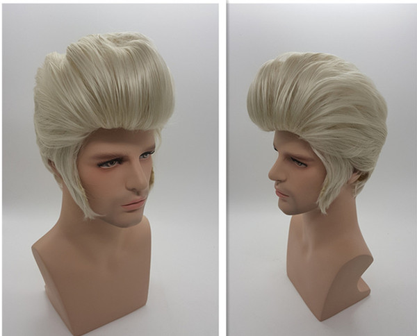 XT861 White Silver Natural Synthetic Hair Elvis Presley Hairstyles Men Short Hair Wigs Cosplay Pelucas Perruque Men Peru Pruiken Peruk