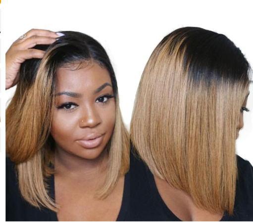 Virgin Full Lace Human Hair Blond Bob Wigs Ombre Two Tone T1B/27 Straight Brazilian Virgin Hair Wig Natural Hairline Glueless Bleached Knots