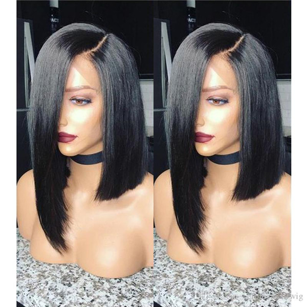 Side Parting Black Short Bob Wigs Natural Straight Full Wig Synthetic Lace Front Wig With Middle Parting Heat Resistant Hair For Black Women