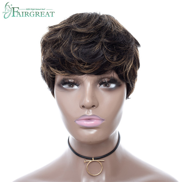 Fairgreat Short Layered Wavy Straight Human Hair Wigs For Black Women Pixie Cute Cut Glueless Natural Hair Wigs FS1B/30 Color