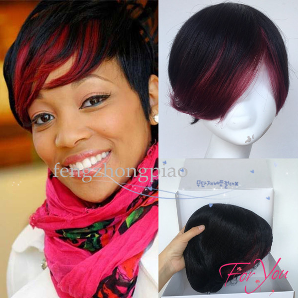 Newstyle Mix Red Black Half-Price Pixie-cut Short bob human hair wigs with bangs 8inch Brazilian full wigs for black women