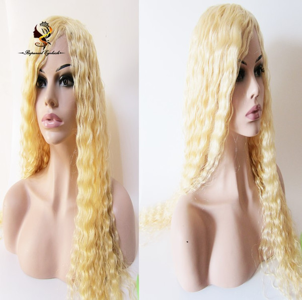 Machine made human hair wig #613 Deep wave side bangs no lace blonde wig