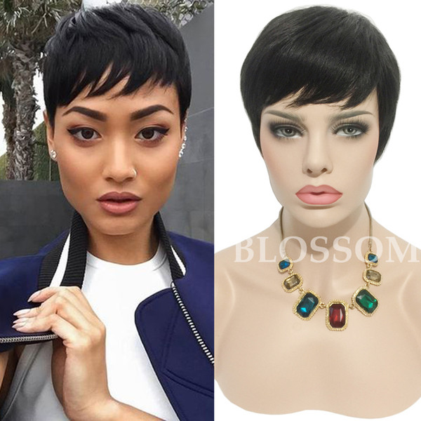 Human Short Hair Glueless Wig With Bangs Cheap Pixie Cut African American Wigs Short Bob Cuts Full Hair Lace Wig For Black Women