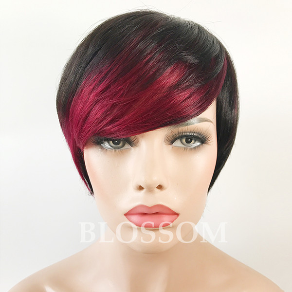 Short Human Hair Wigs Red Highlight Bangs Pixie Cut Short Bob Straight Wigs Side Bang Wigs for Women