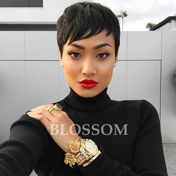 Human Brazilian Hair Side Bangs Short Layered Cut Wigs For Black Women African American Short Pixie Cut Glueless Bob Lace Wigs