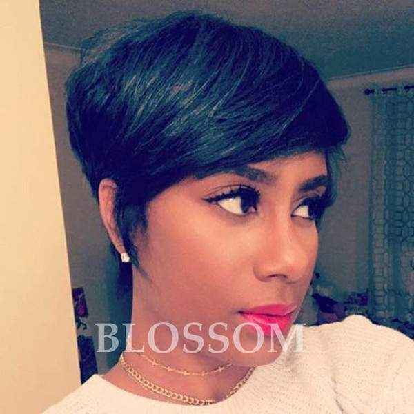 Cheap Pixie Cut Short Glueless Lace Human Cut Hair Wigs with Bangs for African Americans Best Brazilian Natural Hair Wigs