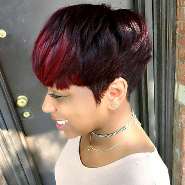 Short huaman hair wigs red highlight bangs pixie cut capless human hair wigs for black woman