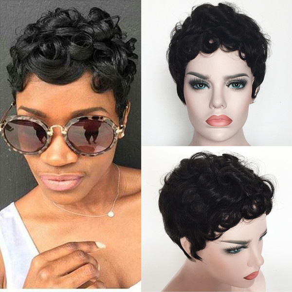 HOTKIS Fashion 100% Human Hair Black Short Curly Wigs Afro Curly Wigs Glueless Wigs for Womend curled