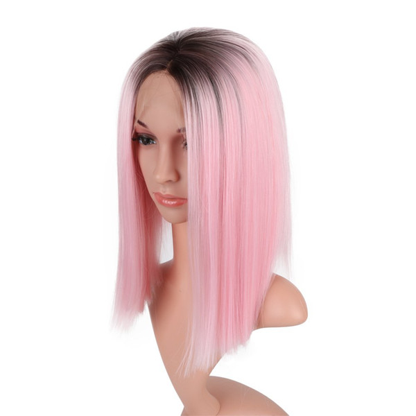 Manufacturers wholesale fake heating pin Europe and the United States before the lace wig female gradient color short straight hair