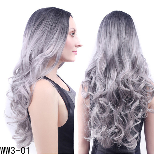 Europe and the United States in the bangs ladies wig headgear black gradient grandmother gray temperament long curly hair big wave wig headg