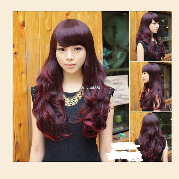 Wholesale - Hot price,16.86 USD including shipping,50cm Burgundy long culy wave coplay costume wig,Naturally party real hair,