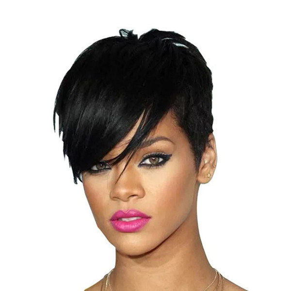 Rihanna Style New Stylish 1B color Black Short Straight Africa American wigs Synthetic Ladys' Hair Wig/Wigs Full Wig Capless