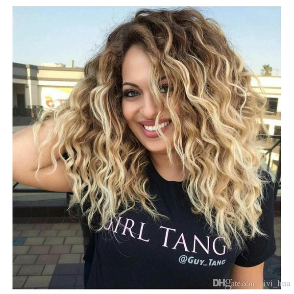 2018 New Synthetic Curly Blonde Wig Dark Roots Ombre Wig for Black White Women High Heat Fiber Pelucas Sinteticas Rubias Perruque Perucas