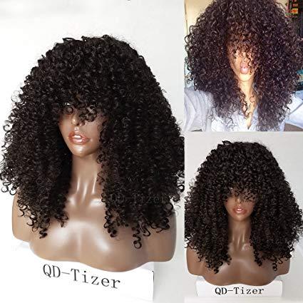 Mongolian Afro kinky curly lace front human hair wigs with bang fringe 180% Density pre plucked 360 lace frontal wig 22inch