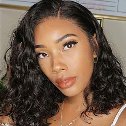 Human Hair Lace Front Wigs, Brazilian Virgin Hair wigs for Black Women, short Curly Wave bob wigs 360, Natural Black Color, 130% Density