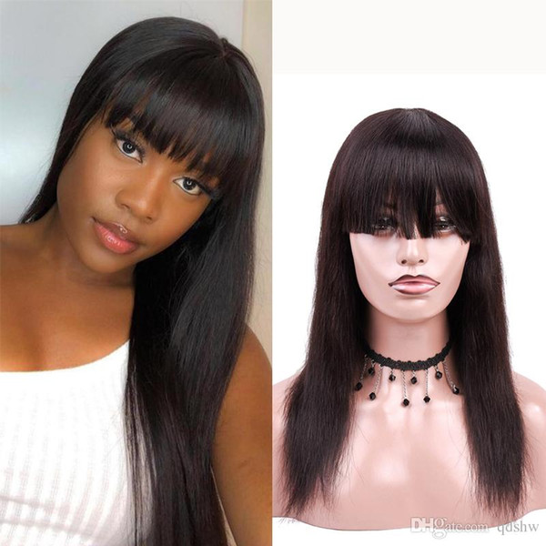 Cheap Full Lace Human Hair Wigs Bangs For Black Women Real Glueless Straight Pre Plucked Transparent HD Lace Front Wig With Bang