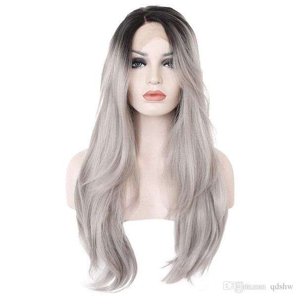 Natural Wavy Heat Resistant Fiber Synthetic Dark Root Gray Lace Front Ombre Silver Grey Wig For Women