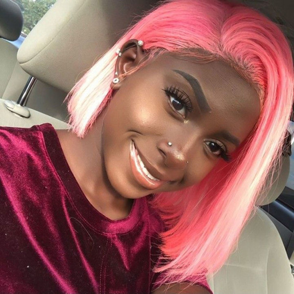 Full Lace Human Hair Wig Pink Color Virgin Peruvian Short Bob Pink Lace Front Wigs Human Hair Pre Plucked Hairline Free Part