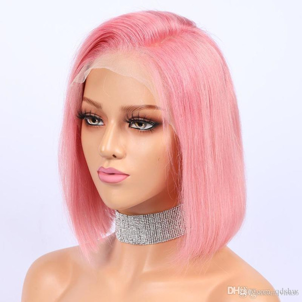 Pink Lace Human Wigs Silky Straight Brazilian Virgin Hair With Baby Hairs Glueless Colored Pink Full Lace Short Bob Human Hair Wig