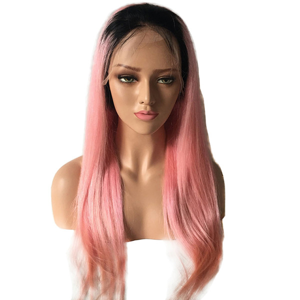 Pink Lace Front Wig Ombre Dark Root Straight Glueless Virgin Peruvian Pre Plucked Pink Full Lace Human Hair Ombre Wigs For White Women