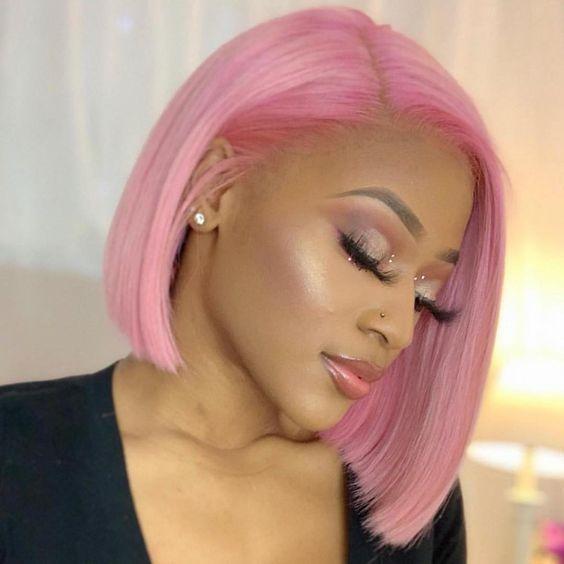 Pink Bob Wigs For Black Women Pre Plucked Virgin Brazilian Glueless Short Color Pink Lace Front Wig Human Hair With Baby Hair