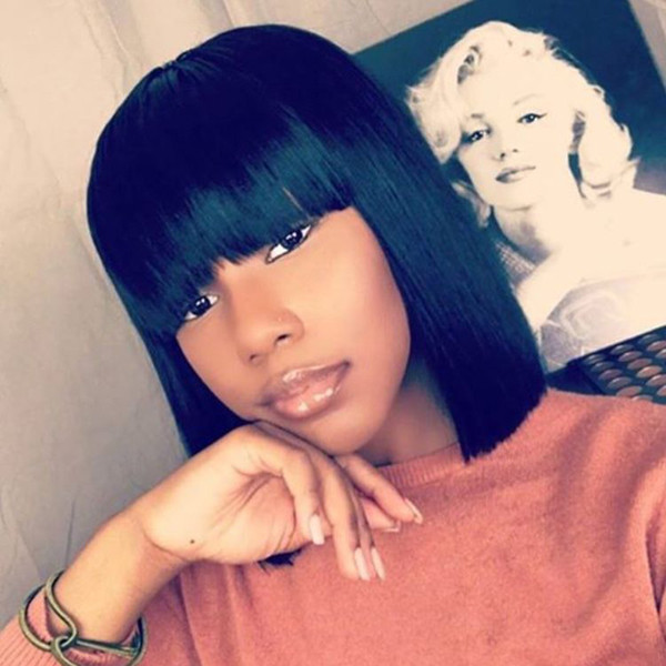 Full Human Bob Wig With Bang For Black Women With Baby Hair Virgin Peruvian Gueless Short Human Hair Lace Front Wigs With Bangs