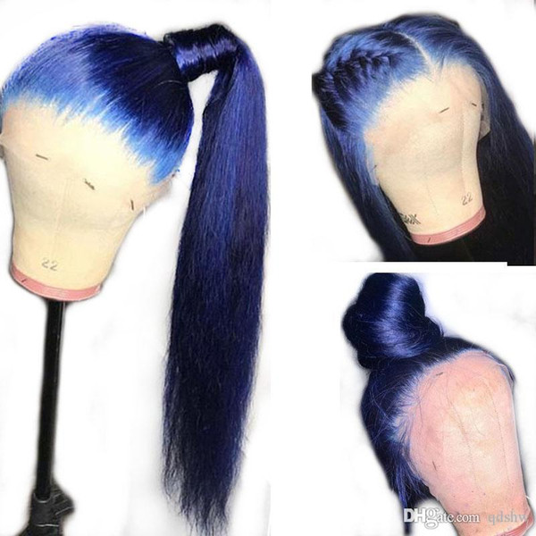 Full Lace Human Hair Wig Blue Color Pre Plucked Glueless Middle Part Dark Blue Human Lace Lace Front Wigs With Baby Hair