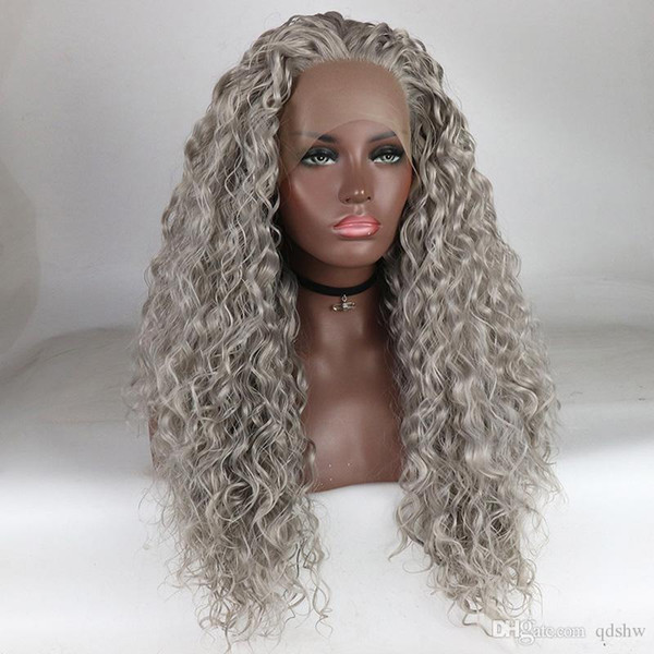 Grey Synthetic Lace Front Wig Curly With Baby Hair Half Hand Tied Heat Resistant Fiber Silver Grey Synthetic Wigs For Black Women