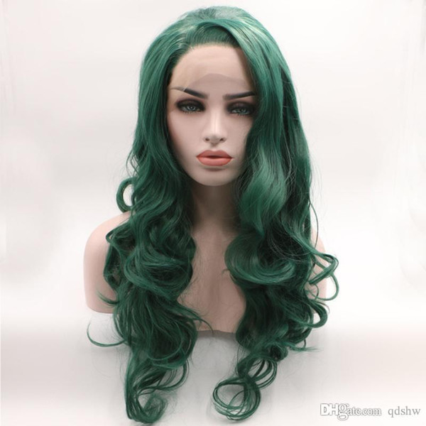 Green Lace Front Wig Heat Resistant Fiber Hair Natural Wave Half Hand Tied Glueless Wavy Long Dark Green Lacefront Synthetic Wigs Cheap