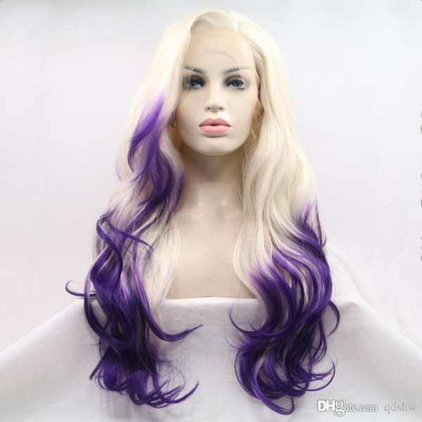 Ombre Lace Front Wig Synthetic Long Wavy Heat Resistant Fiber Synthetic Blonde Purple Lace Wigs For Whtie Women