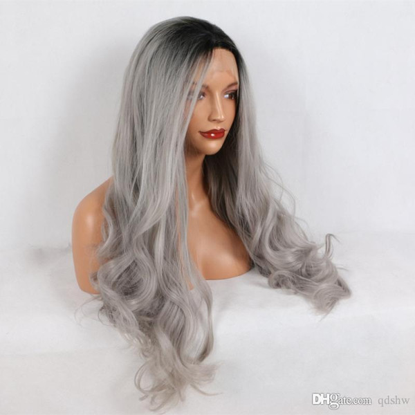 Black And Grey Lace Front Wig Synthetic Half Hand Tied Long Wavy Heat Resistant Fiber Dark Root Gray Synthetic Ombre Lacefront Wigs Glueless