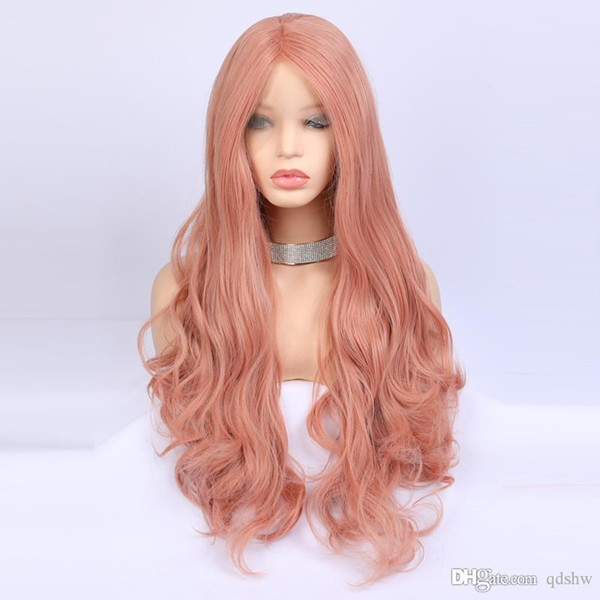 Pink Lace Front Wig Glueless With Middle Part Natural Wavy Lacefront Glueless High Temperature Heat Resistant Color Pink Synthetic Lace Wigs