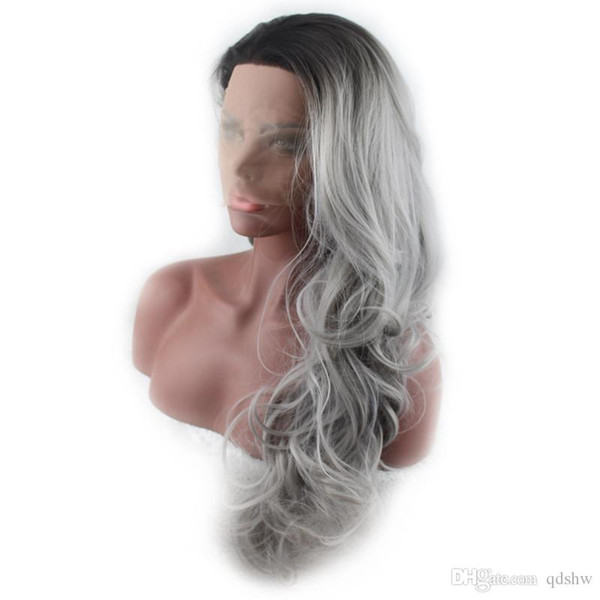 Synthetic Ombre Lace Front Wig Long Wavy Heat Resistant Glueless Lacefront Black To Gray Synthetic Hair Lace Wigs For Women