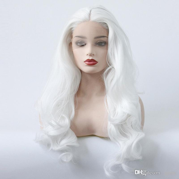 Color White Synthetic Wigs For Women Middle Part Hand Tied Snow White Color Natural Long Wavy Heat Resistant Synthetic Lace Front Wig