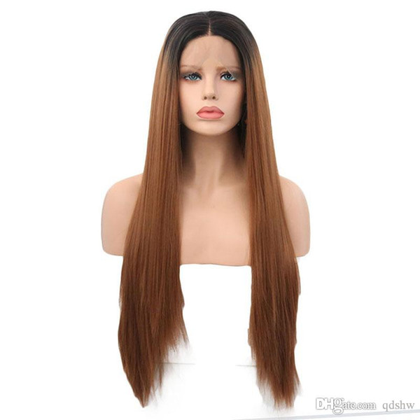 Dark Brown Synthetic Wig Ombre Heat Resistant Glueless Lace Front Wigs Synthetic Two Tone Color For Black Women