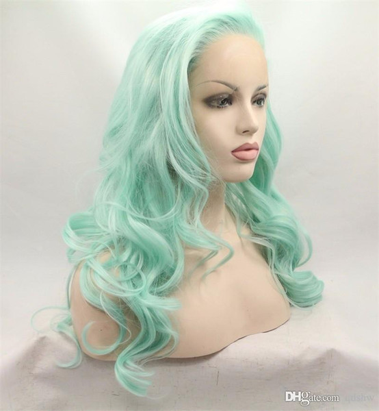 Synthetic Lace Front Wigs With Baby Hair Mint Green Color Long Natural Wave Heat Resistant Fiber Synthetic Hair Lace Wig For Women