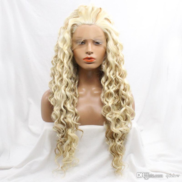 Blonde Deep Wave Lace Wig Heat Resistant Fiber Natural Looking Glueless Long Blonde Synthetic Lace Front Wigs For White Women