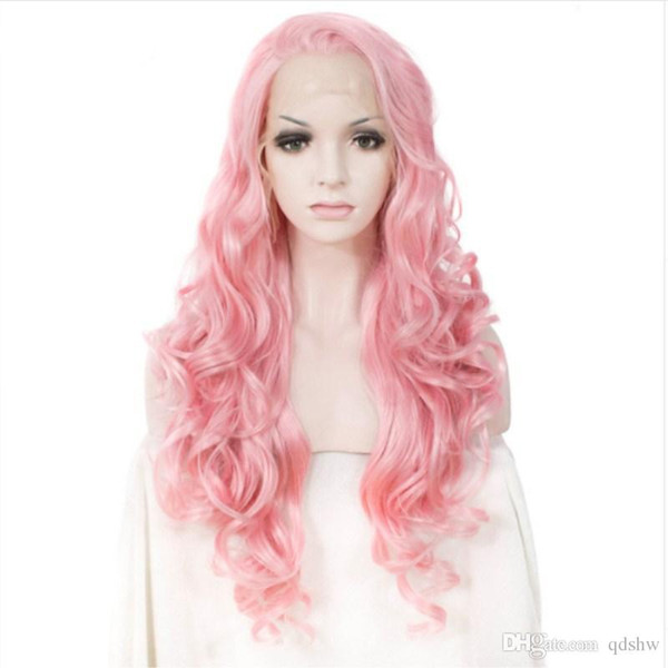 Glueless Synthetic Hair Lace Front Long Wavy Pink Mix Wig Cheap Heat Resistant High Fiber For Women