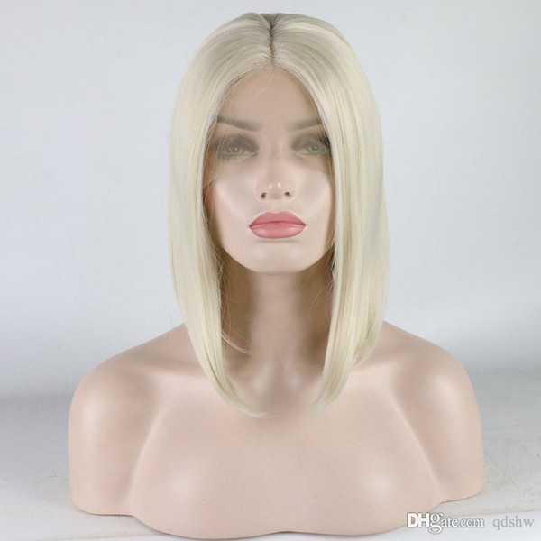 Platinum Blonde Bob Wig Short Cut For White Women Heat Resistant Fiber Hair Glueless Blonde Synthetic Lace Front Bob Wigs Middle Part