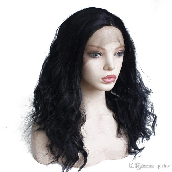 Synthetic Wig For Black Woman Medium Shoulder Length Black Water Wavy Gluelesss Heat Resistant Fiber Synthetic Lace Front Wigs For Women