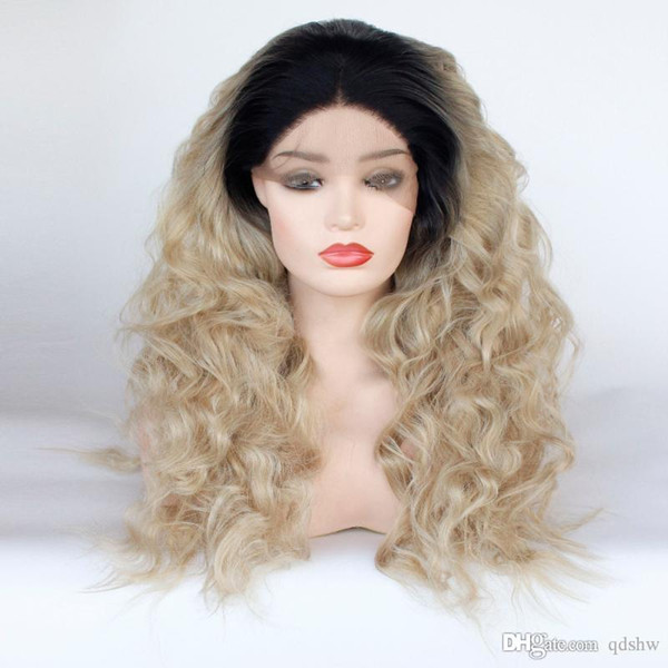 Synthetic Long Blonde Wig Ombre Glueless Loose Wave High Temperature Fiber Middle Parting Ombre Honey Blonde Synthetic Lace Front Wigs